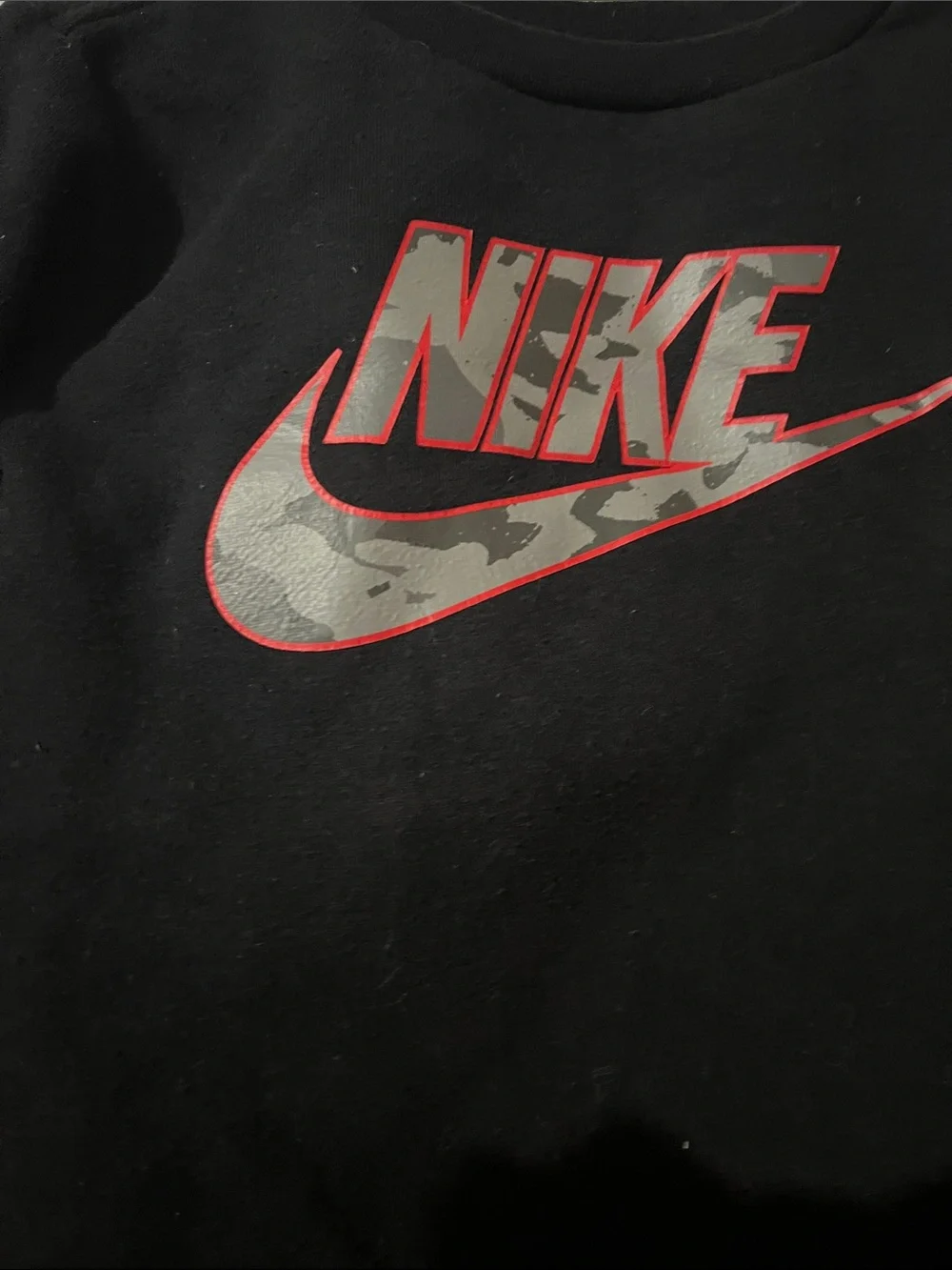 Nike Black Sweatshirt with Gray Camo Swoosh and Red Trim